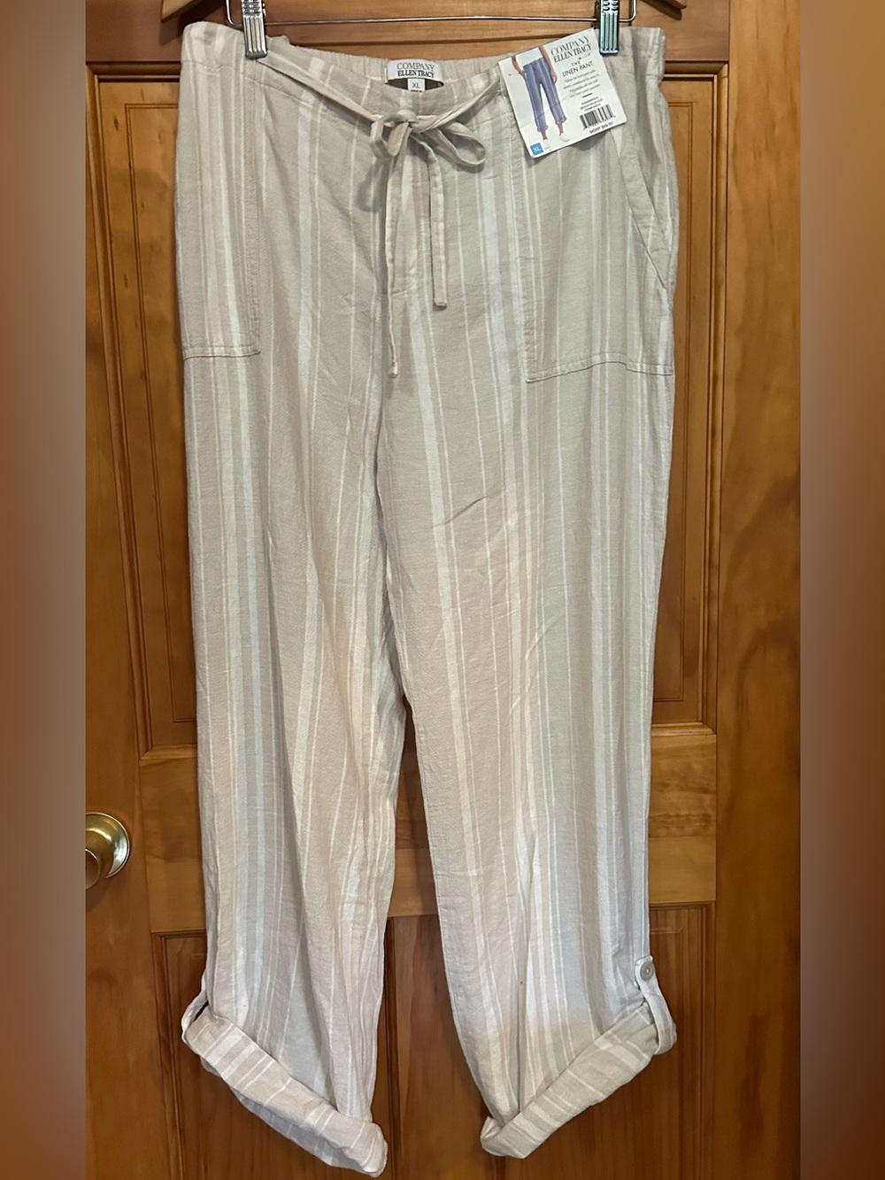 NWT Ellen Tracy Linen Beige Stripe Beach Summer XL Pull On Pant